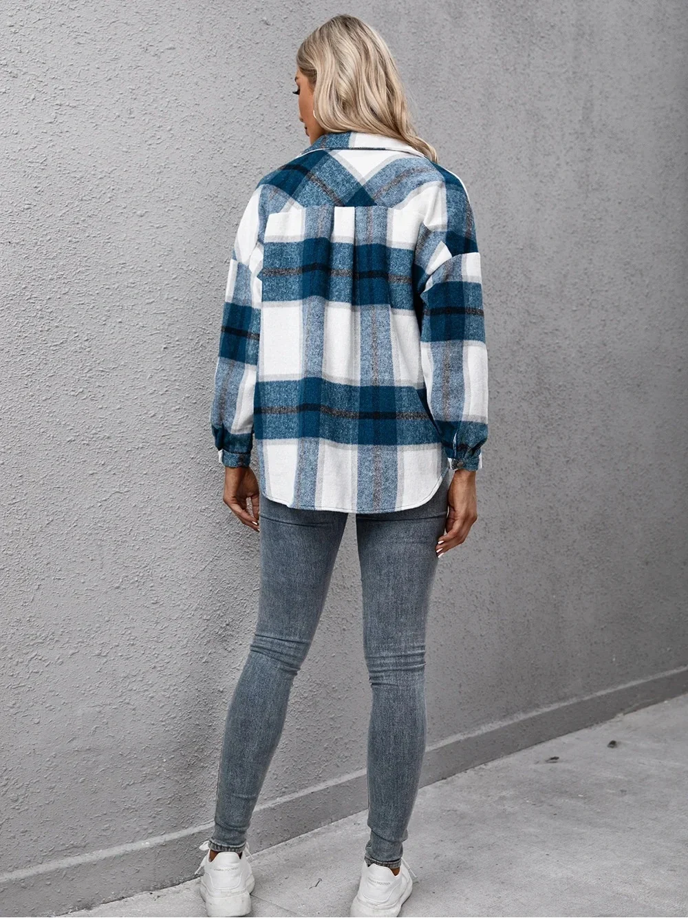 Plaid Shacket Jacket in Blue and White